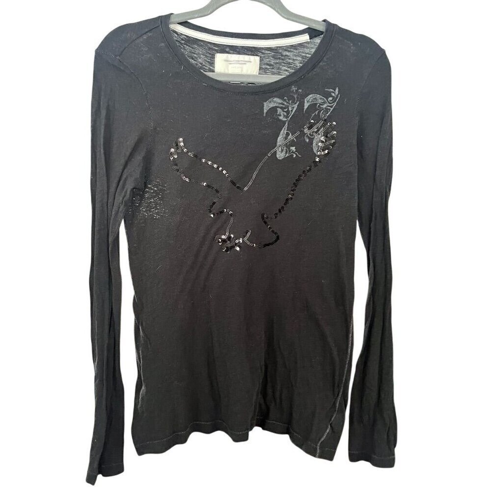 American Eagle Top Women M Black Crew Pullover Sequin Y2K Grunge Preppy Goth 80s